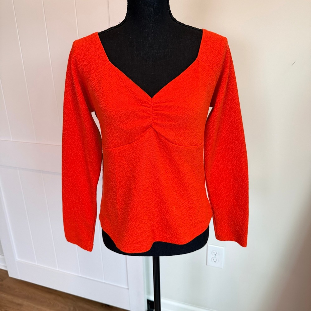 Maeve Anthropologie Red Orange Textured V-Neck Long Sleeve Top Size Large